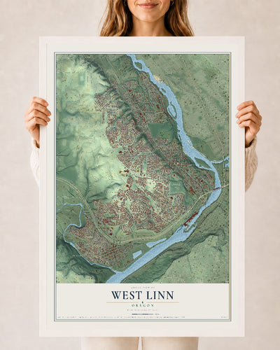 Map of West Linn, Oregon, 24 x 36 inch print in a white wood frame
