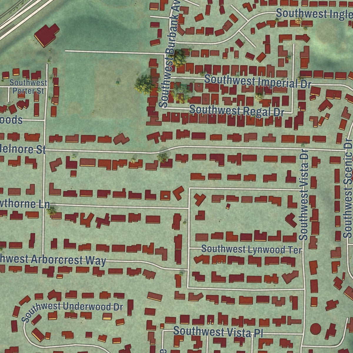 Close-up of the map of West Slope, Oregon print showing street and building detail