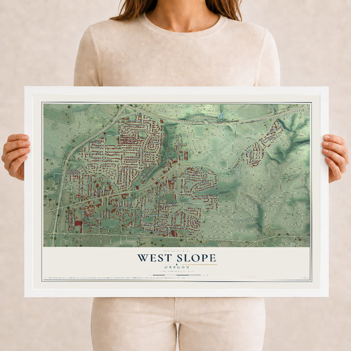 Map of West Slope, Oregon, 12 x 18 inch print in a white wood frame