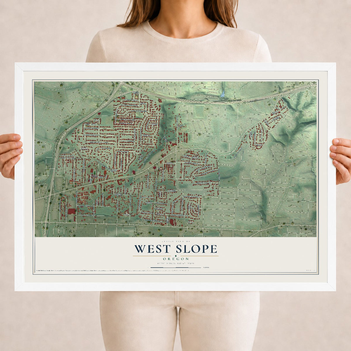 Map of West Slope, Oregon, 18 x 24 inch print in a white wood frame