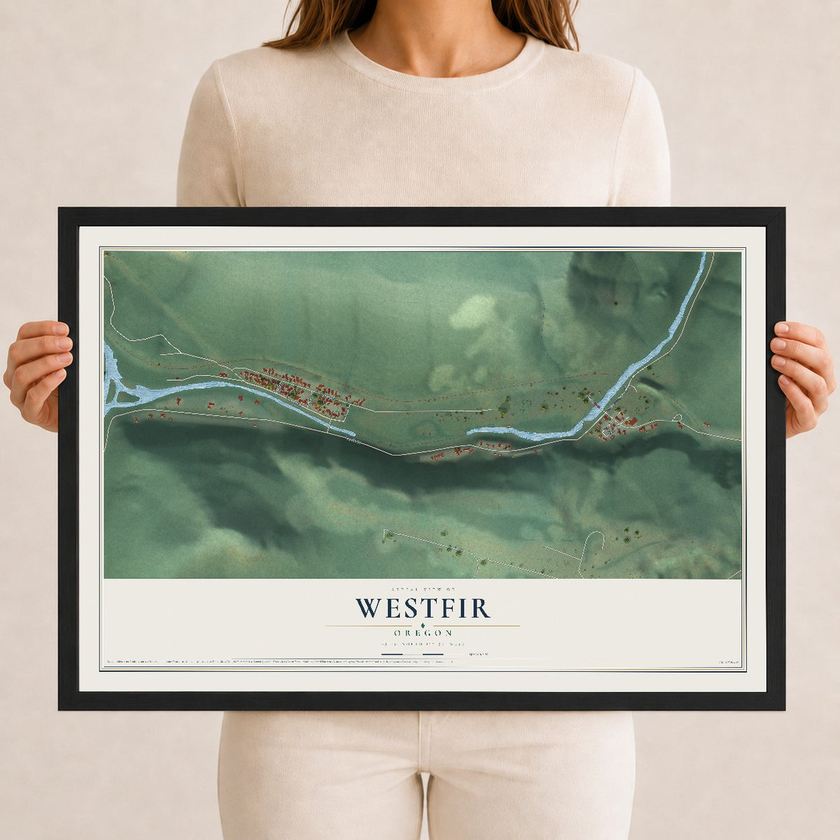 Map of Westfir, Oregon, 12 x 18 inch print in a black wood frame