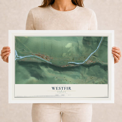 Map of Westfir, Oregon, 12 x 18 inch print in a white wood frame