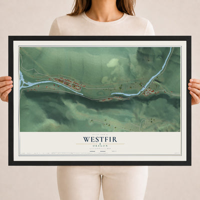 Map of Westfir, Oregon, 18 x 24 inch print in a black wood frame