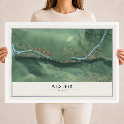 Map of Westfir, Oregon, 18 x 24 inch print in a white wood frame