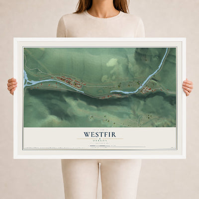 Map of Westfir, Oregon, 24 x 36 inch print in a white wood frame