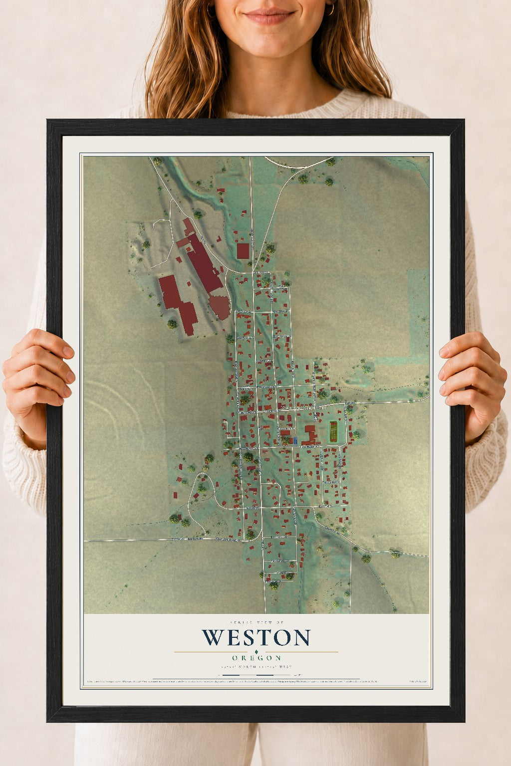 Map of Weston, Oregon, 18 x 24 inch print in a black wood frame