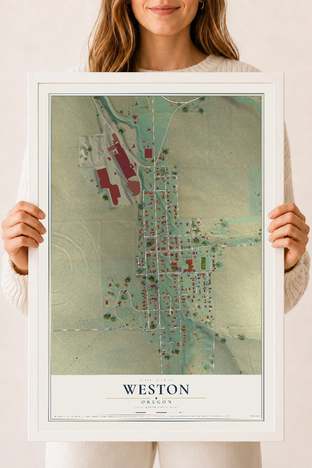 Map of Weston, Oregon, 18 x 24 inch print in a white wood frame