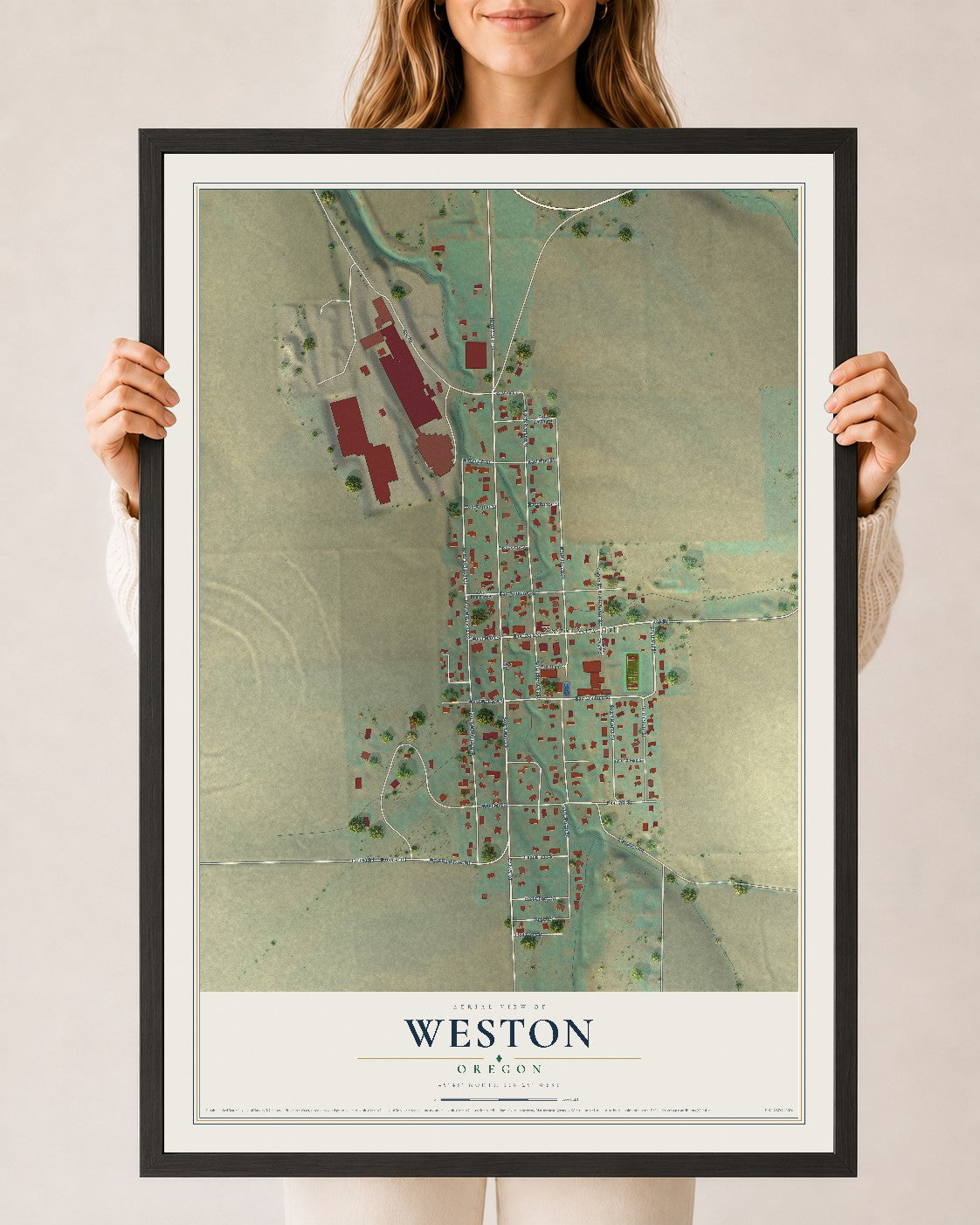 Map of Weston, Oregon, 24 x 36 inch print in a black wood frame