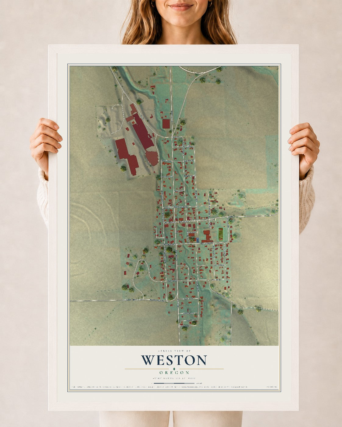 Map of Weston, Oregon, 24 x 36 inch print in a white wood frame