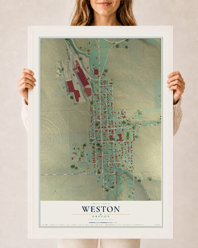 Map of Weston, Oregon, 24 x 36 inch print in a white wood frame