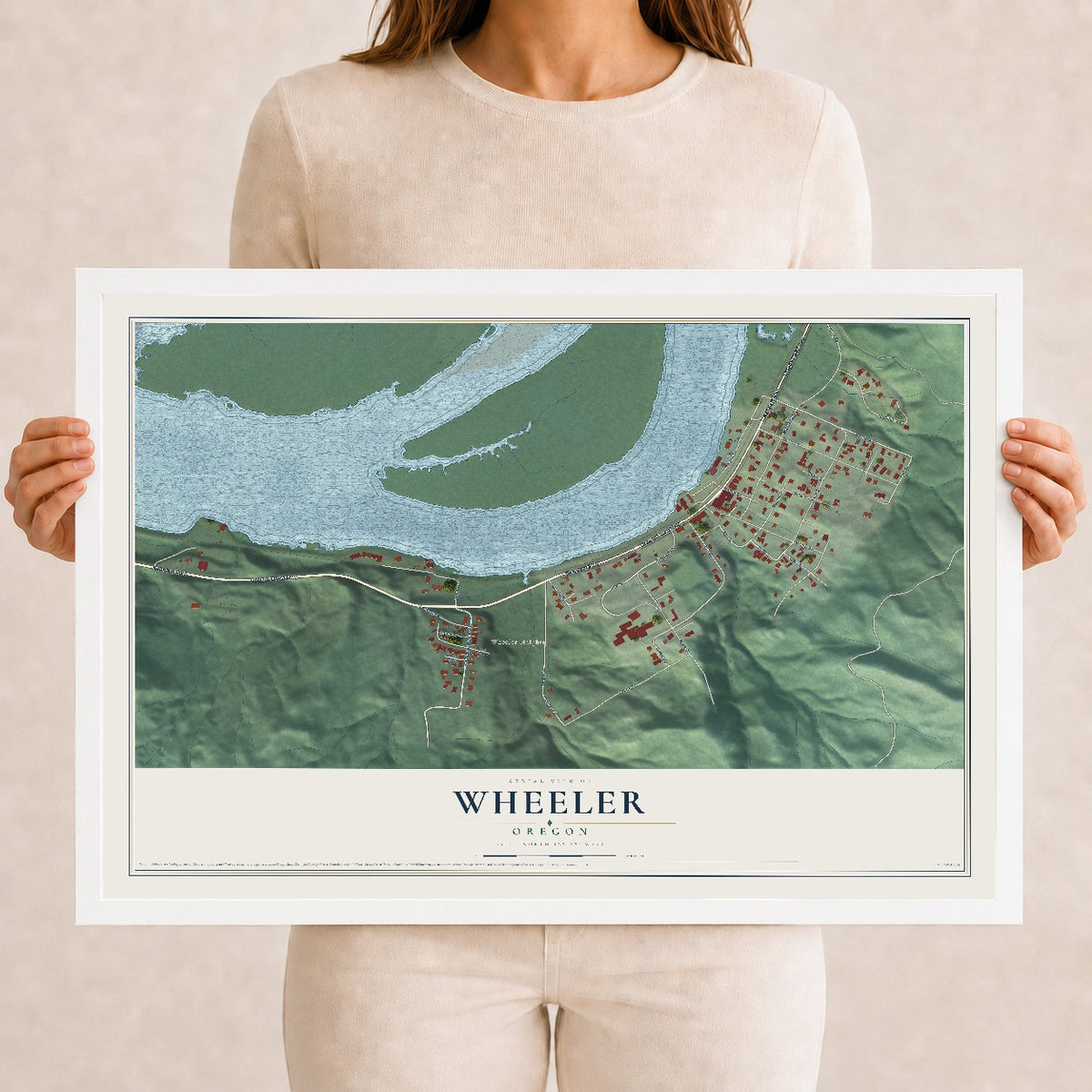 Map of Wheeler, Oregon, 12 x 18 inch print in a white wood frame