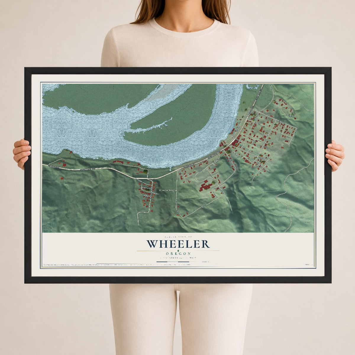 Map of Wheeler, Oregon, 24 x 36 inch print in a black wood frame