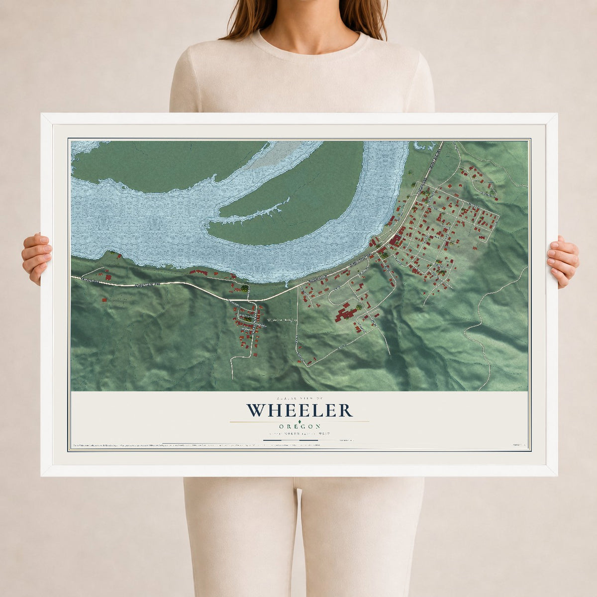 Map of Wheeler, Oregon, 24 x 36 inch print in a white wood frame