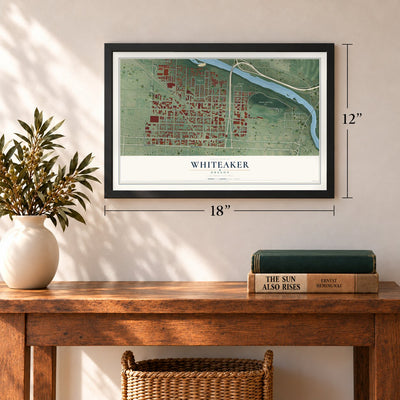 Whiteaker, Oregon map, 12 x 18 inch print in a black frame in an entryway