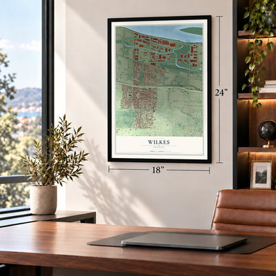 Wilkes, Oregon map, 18 x 24 inch print in a black frame in a home office