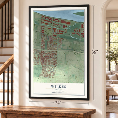 Wilkes, Oregon map, 24 x 36 inch print in a black frame by a staircase