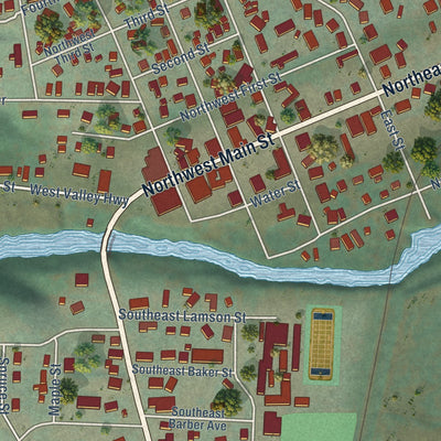 Close-up of the map of Willamina, Oregon print showing street and building detail
