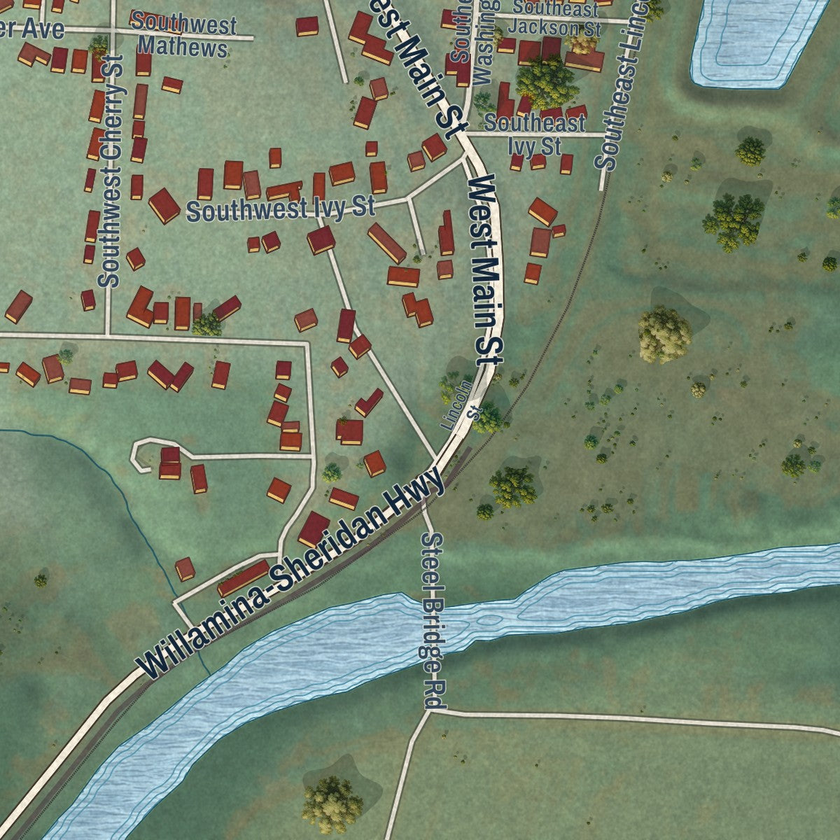 Second close-up of the map of Willamina, Oregon print showing more streets and buildings