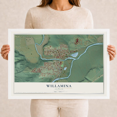 Map of Willamina, Oregon, 12 x 18 inch print in a white wood frame