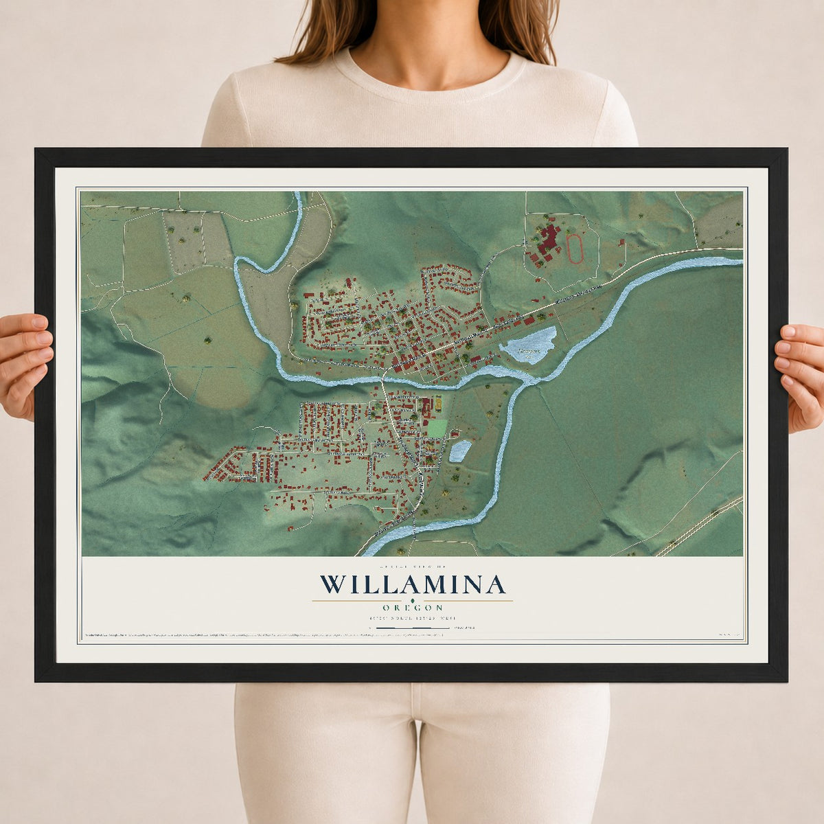 Map of Willamina, Oregon, 18 x 24 inch print in a black wood frame