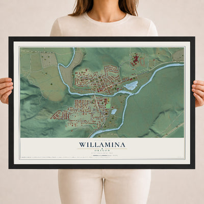 Map of Willamina, Oregon, 18 x 24 inch print in a black wood frame