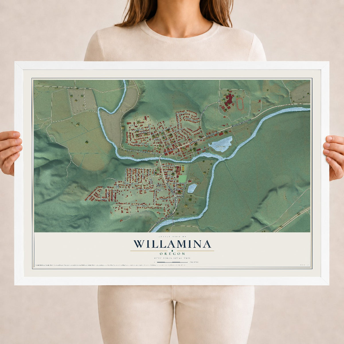 Map of Willamina, Oregon, 18 x 24 inch print in a white wood frame