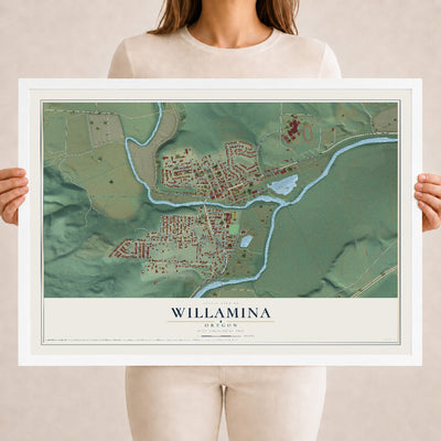 Map of Willamina, Oregon, 18 x 24 inch print in a white wood frame