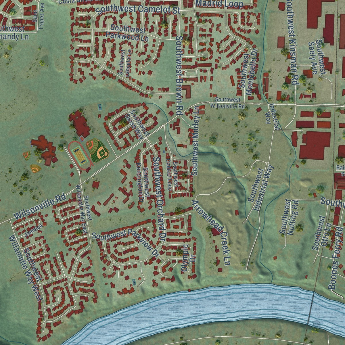 Second close-up of the map of Wilsonville, Oregon print showing more streets and buildings