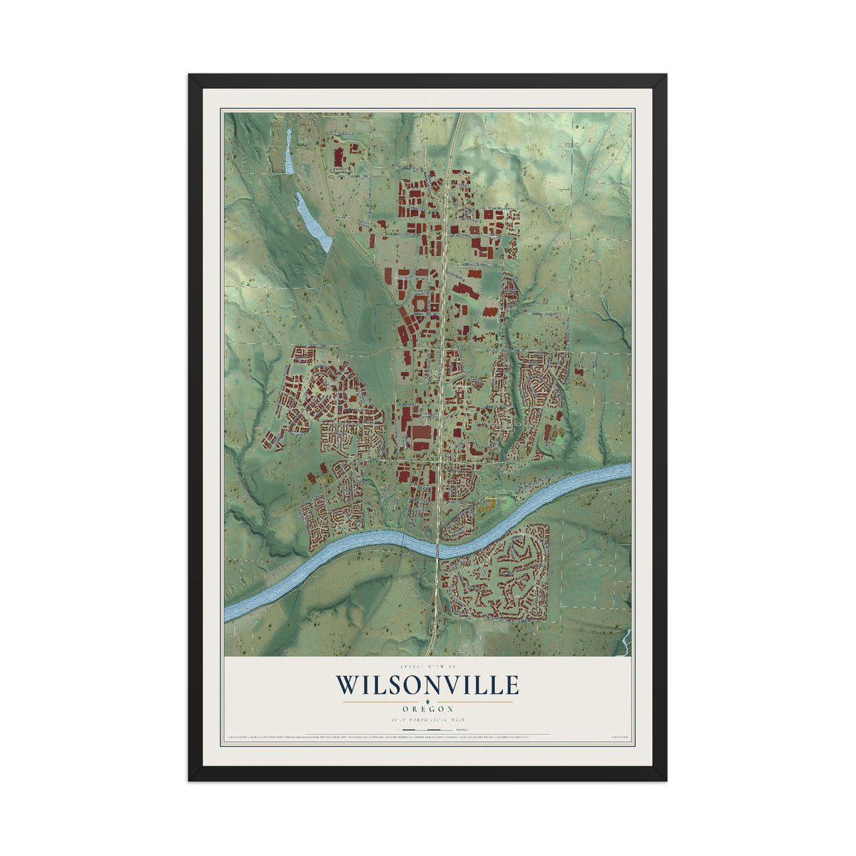 Map of Wilsonville, Oregon, 12 x 18 inch print in a black wood frame