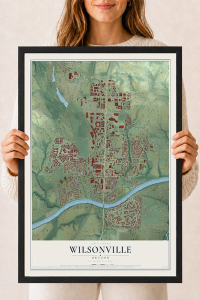 Map of Wilsonville, Oregon, 18 x 24 inch print in a black wood frame