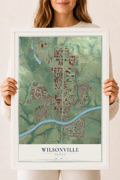 Map of Wilsonville, Oregon, 18 x 24 inch print in a white wood frame