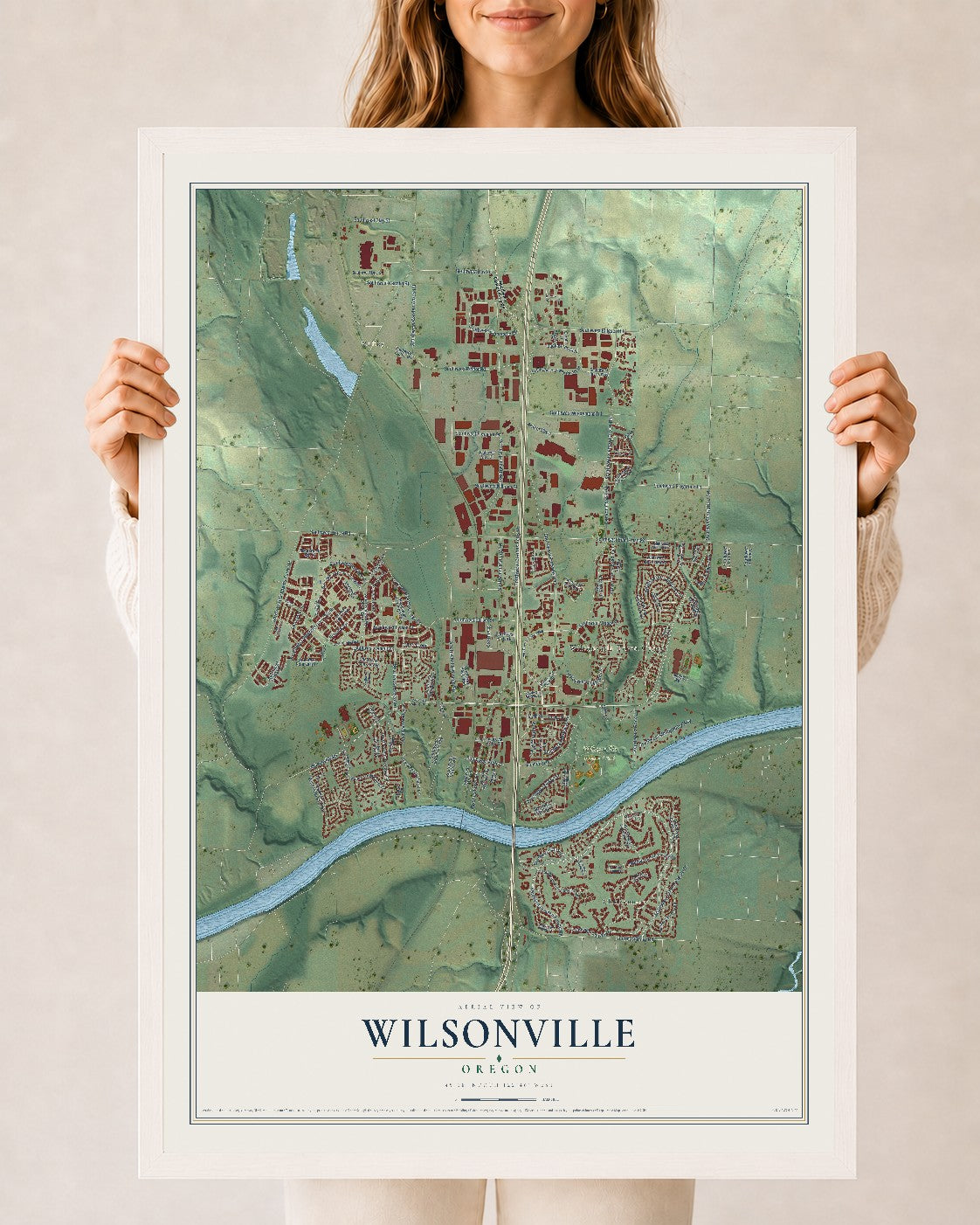 Map of Wilsonville, Oregon, 24 x 36 inch print in a white wood frame