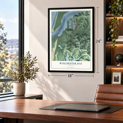 Winchester Bay, Oregon map, 18 x 24 inch print in a black frame in a home office