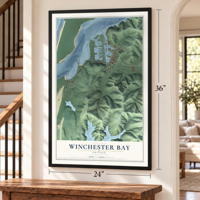 Winchester Bay, Oregon map, 24 x 36 inch print in a black frame by a staircase