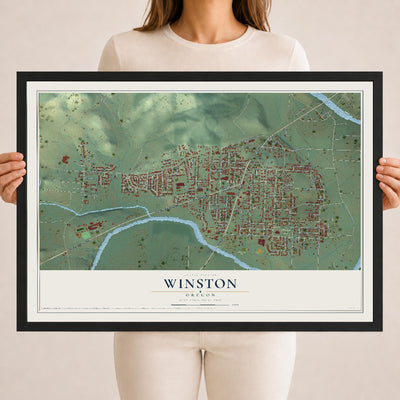 Map of Winston, Oregon, 18 x 24 inch print in a black wood frame