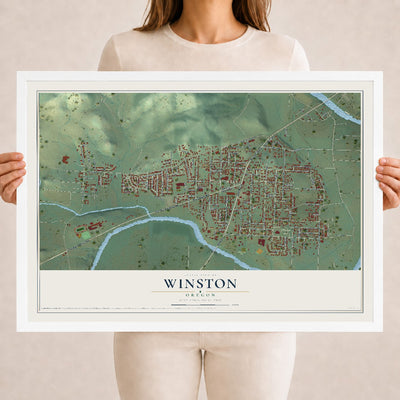 Map of Winston, Oregon, 18 x 24 inch print in a white wood frame