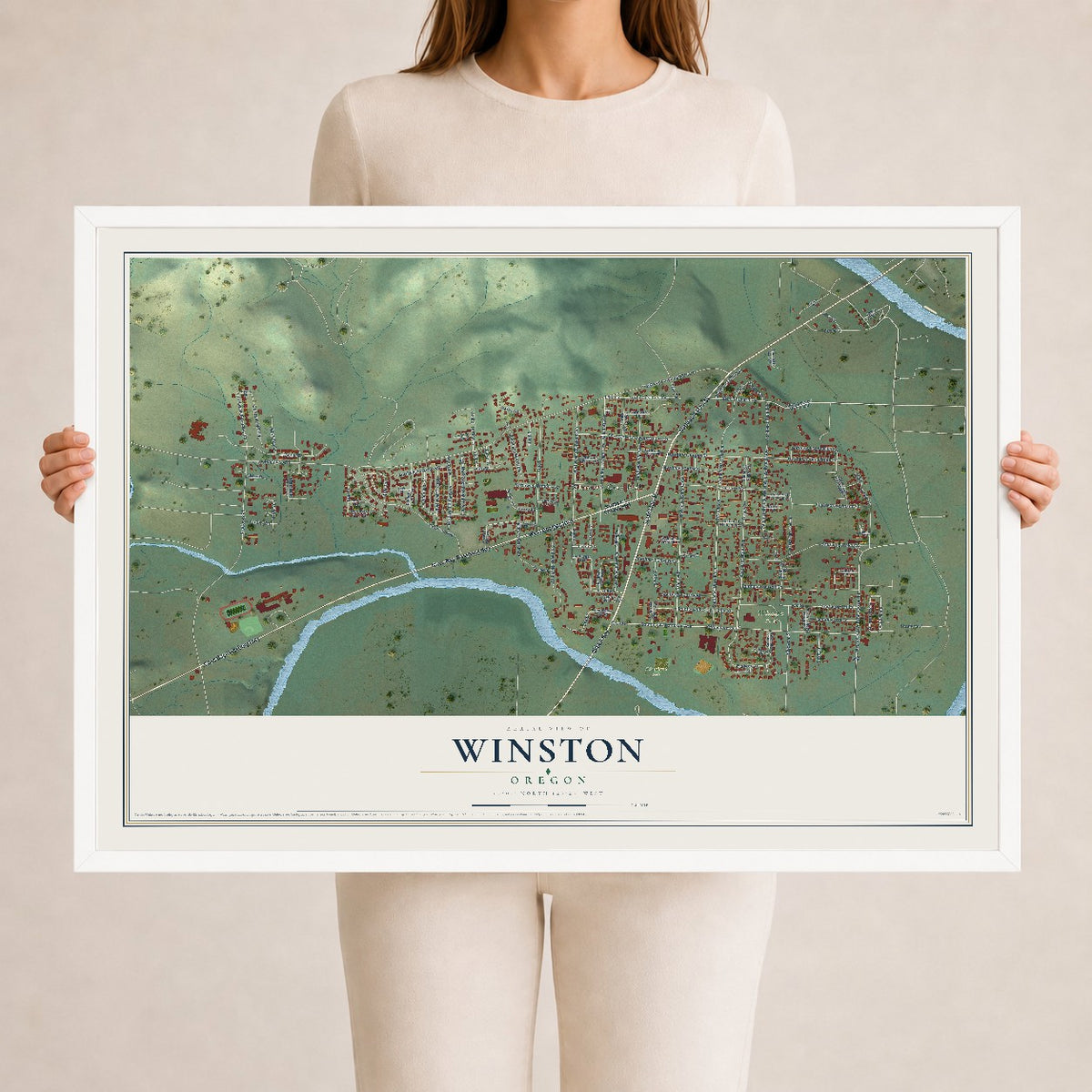Map of Winston, Oregon, 24 x 36 inch print in a white wood frame