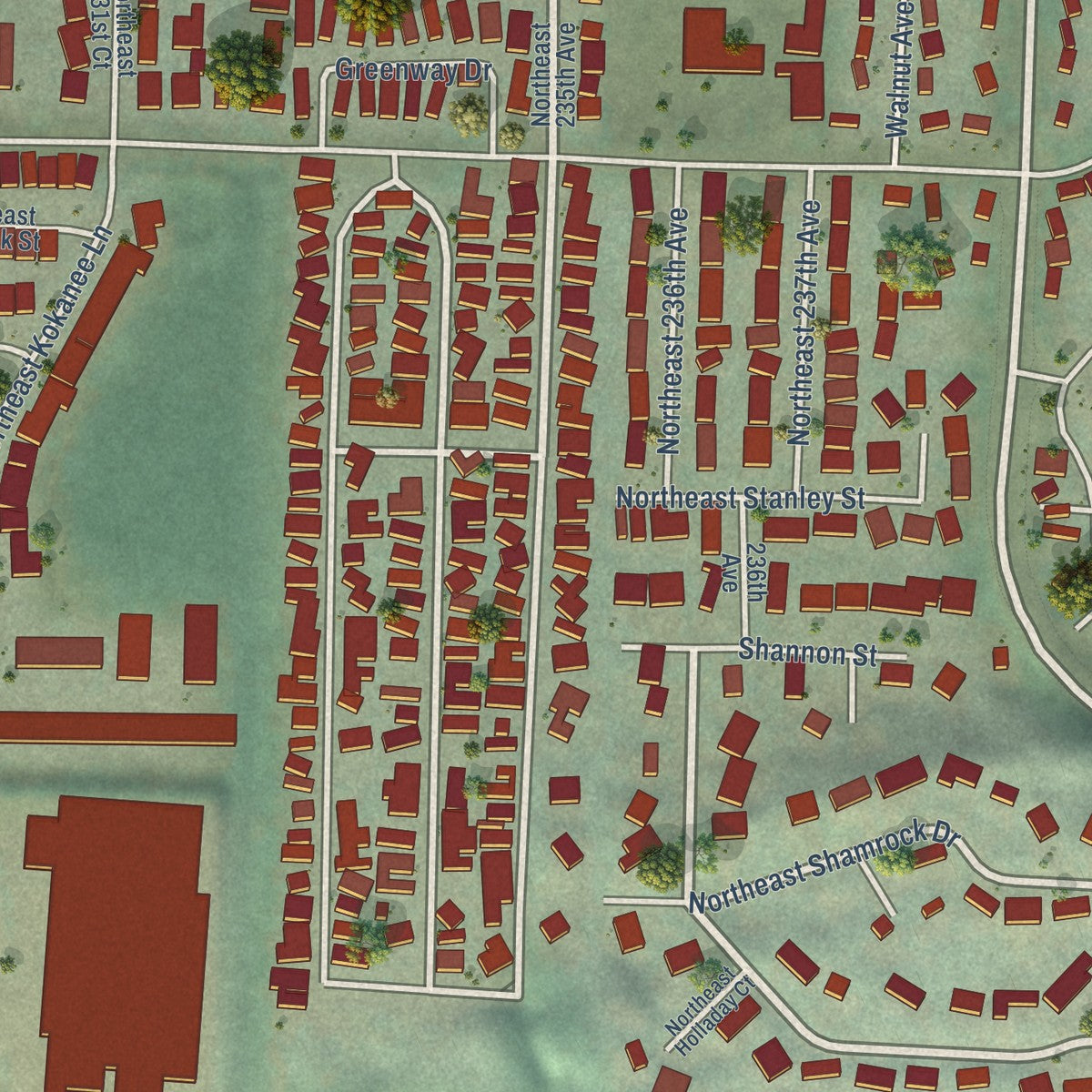 Close-up of the map of Wood Village, Oregon print showing street and building detail
