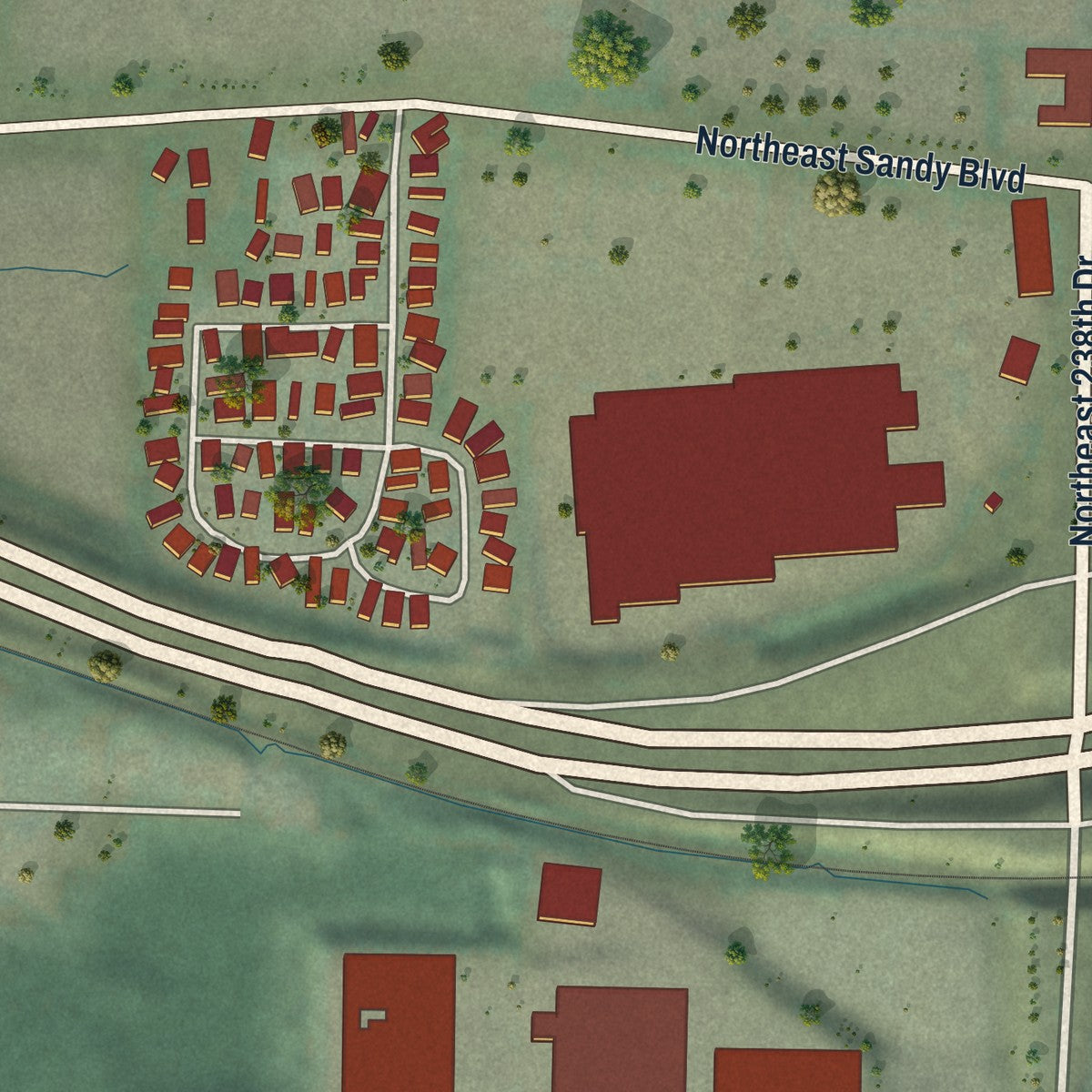 Second close-up of the map of Wood Village, Oregon print showing more streets and buildings