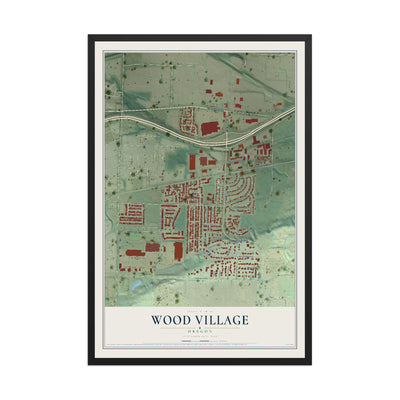 Map of Wood Village, Oregon, 12 x 18 inch print in a black wood frame