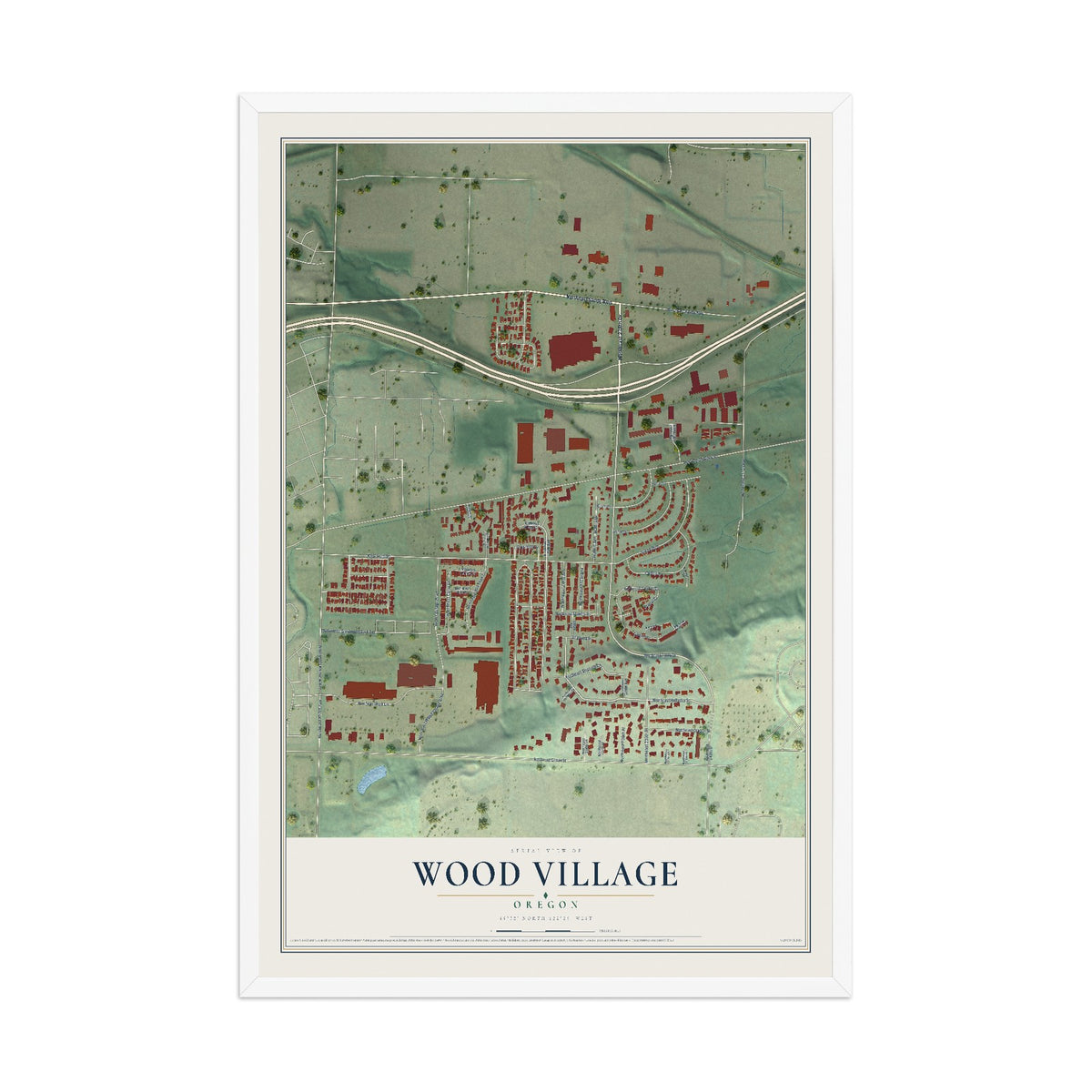 Map of Wood Village, Oregon, 12 x 18 inch print in a white wood frame