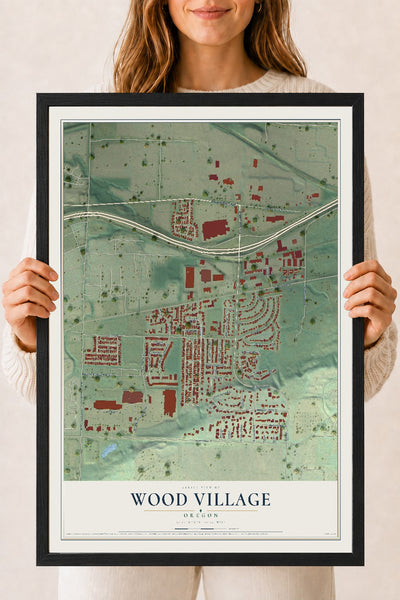 Map of Wood Village, Oregon, 18 x 24 inch print in a black wood frame