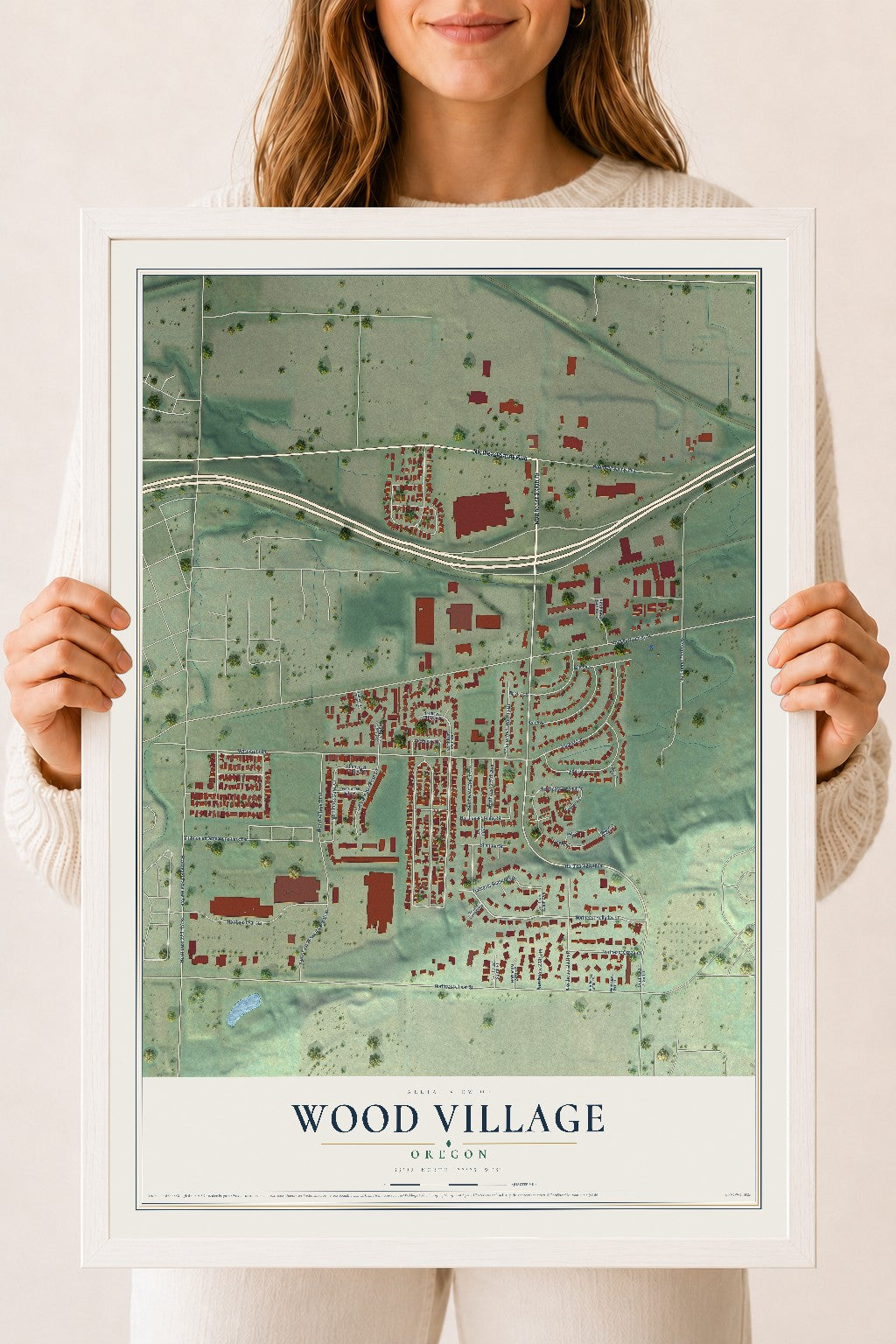 Map of Wood Village, Oregon, 18 x 24 inch print in a white wood frame