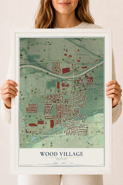 Map of Wood Village, Oregon, 18 x 24 inch print in a white wood frame