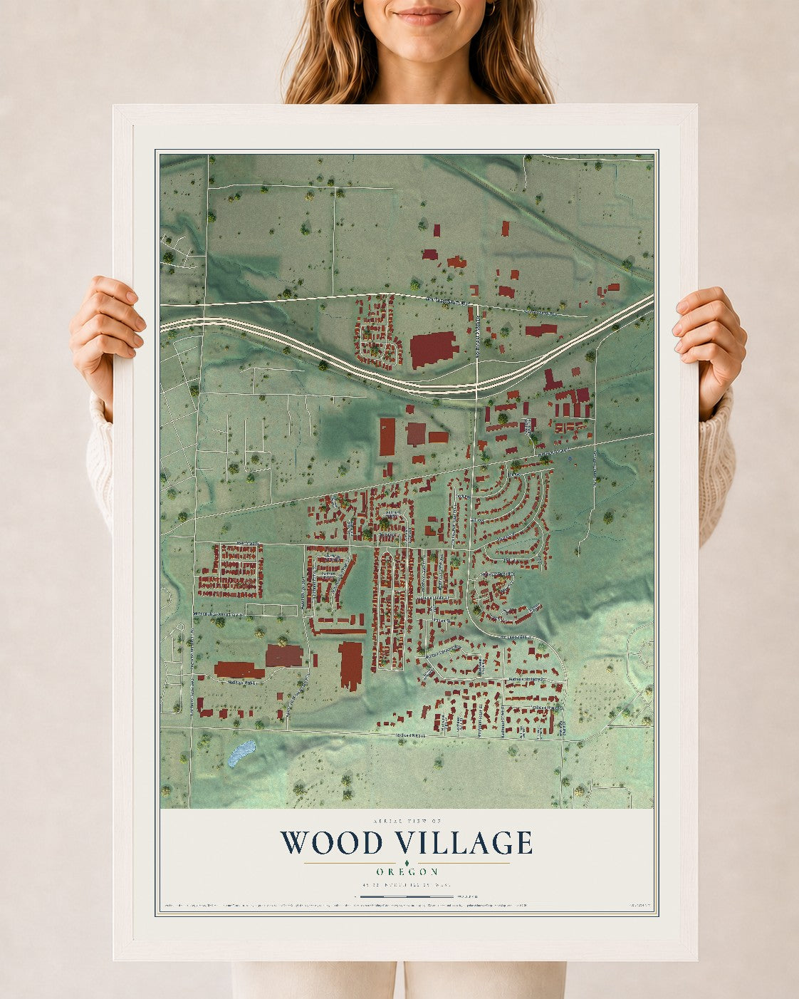 Map of Wood Village, Oregon, 24 x 36 inch print in a white wood frame