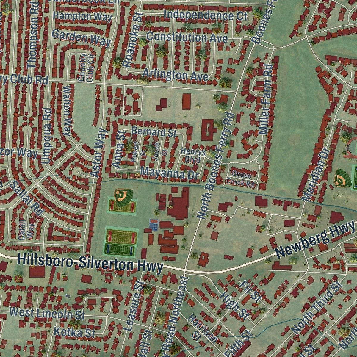 Close-up of the map of Woodburn, Oregon print showing street and building detail