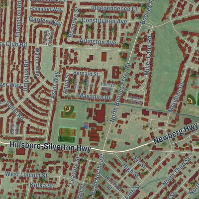 Close-up of the map of Woodburn, Oregon print showing street and building detail
