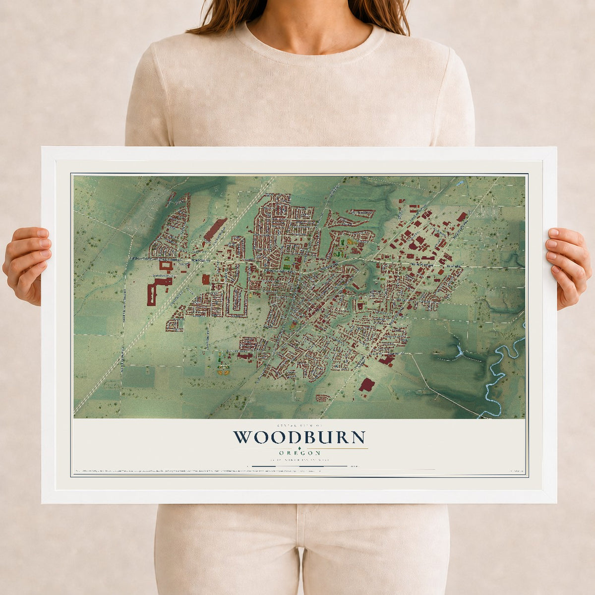 Map of Woodburn, Oregon, 12 x 18 inch print in a white wood frame