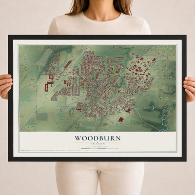 Map of Woodburn, Oregon, 18 x 24 inch print in a black wood frame