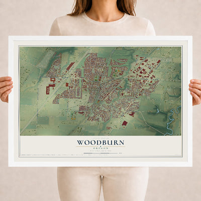 Map of Woodburn, Oregon, 18 x 24 inch print in a white wood frame